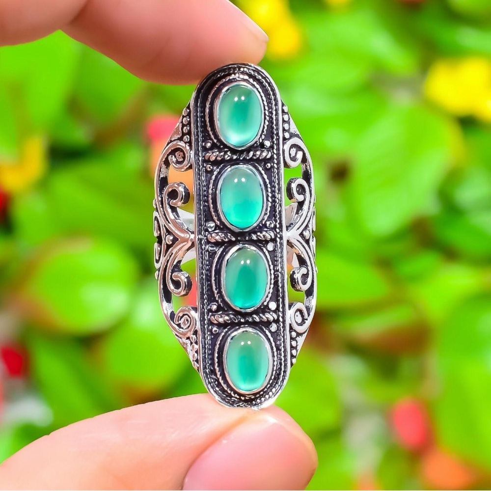 Size 11 Green Onyx 925 Sterling Silver Overlay Gemstone Ring